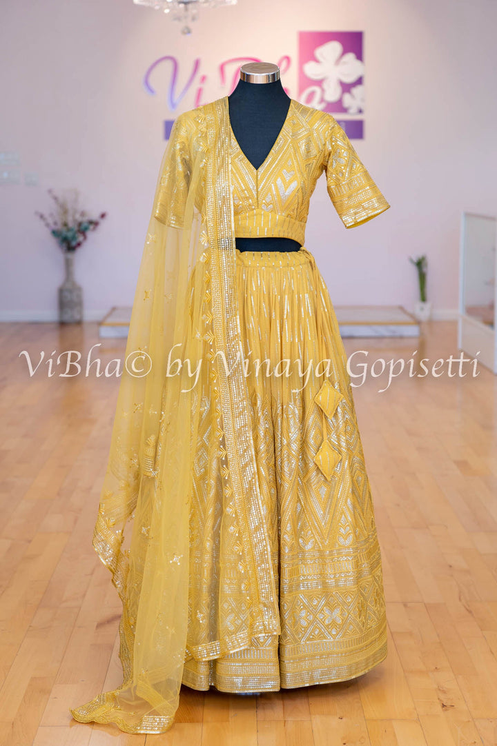 Bridal Lehengas - Mustard Yellow Kundan And Cut Dana Embroidered Lehenga Set