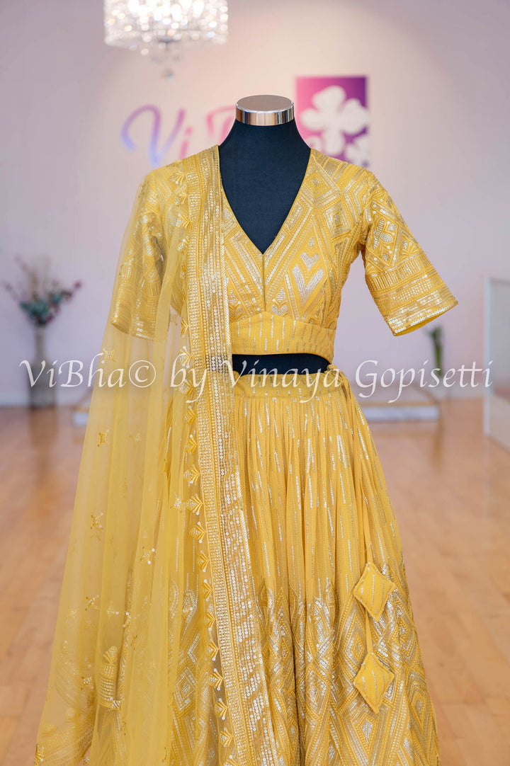 Bridal Lehengas - Mustard Yellow Kundan And Cut Dana Embroidered Lehenga Set