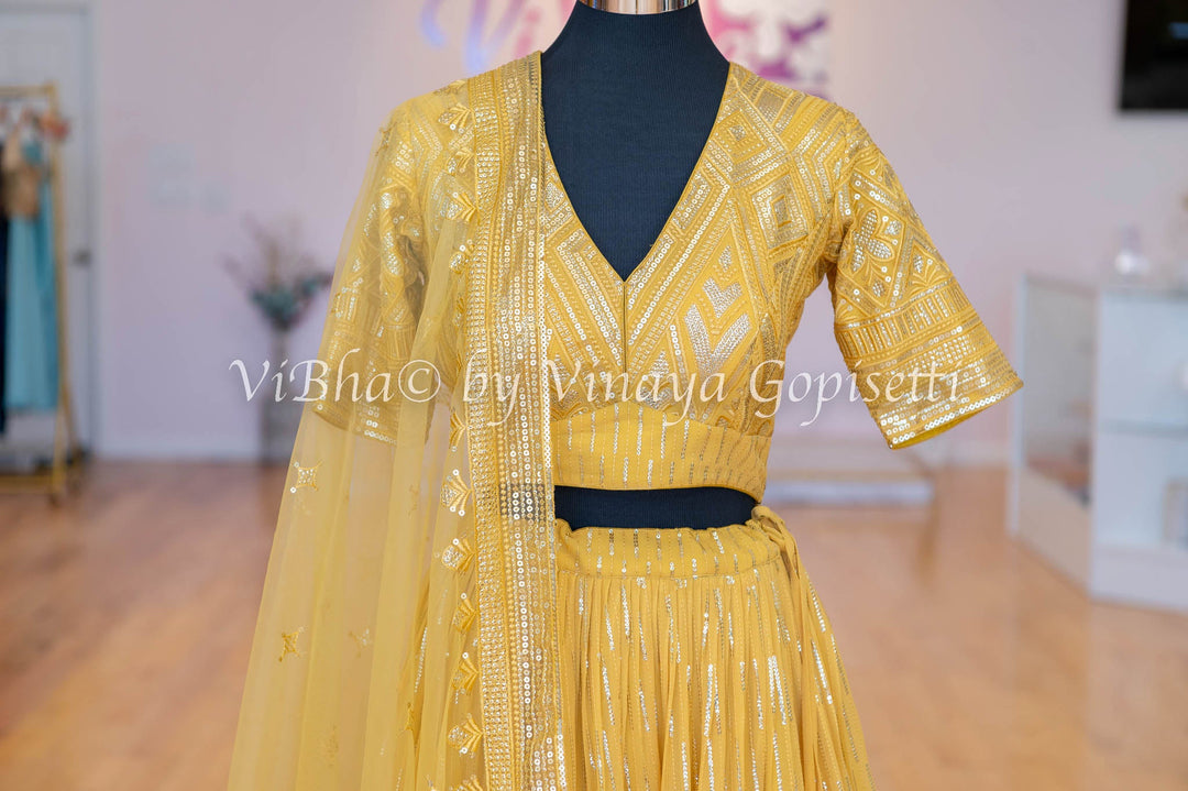 Bridal Lehengas - Mustard Yellow Kundan And Cut Dana Embroidered Lehenga Set