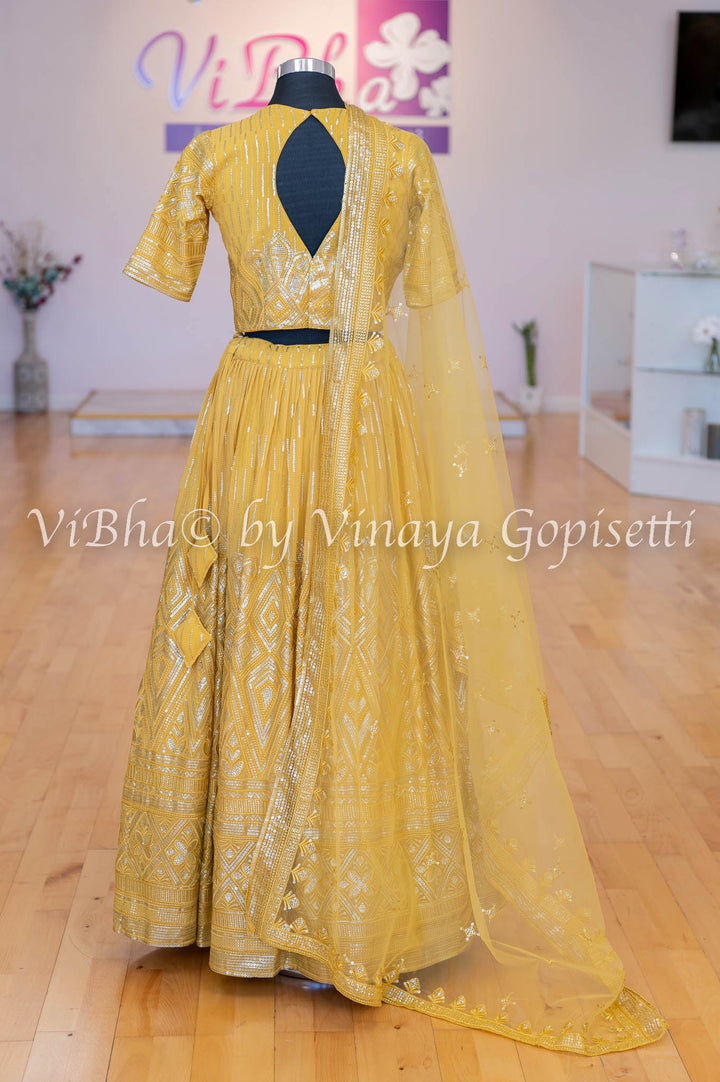 Bridal Lehengas - Mustard Yellow Kundan And Cut Dana Embroidered Lehenga Set