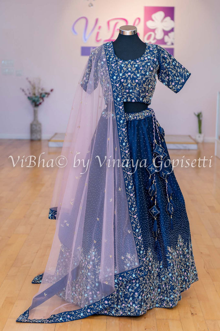 Bridal Lehengas - Navy Blue And Pastel Pink Pearl And Zardosi Embroidery Lehenga Set