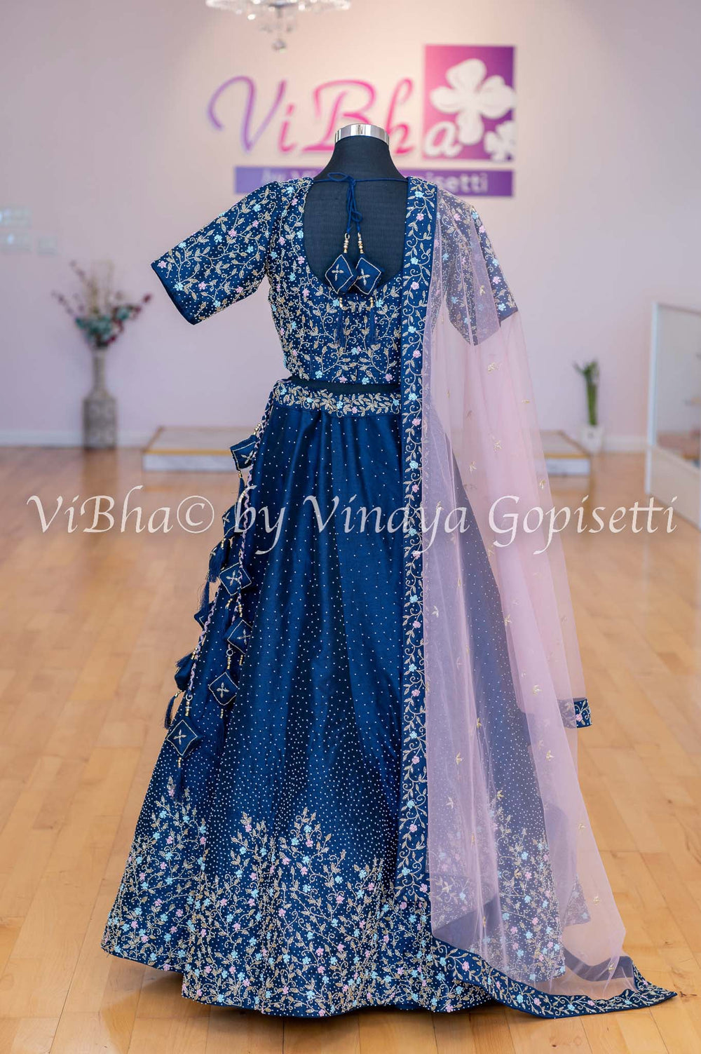 Bridal Lehengas - Navy Blue And Pastel Pink Pearl And Zardosi Embroidery Lehenga Set