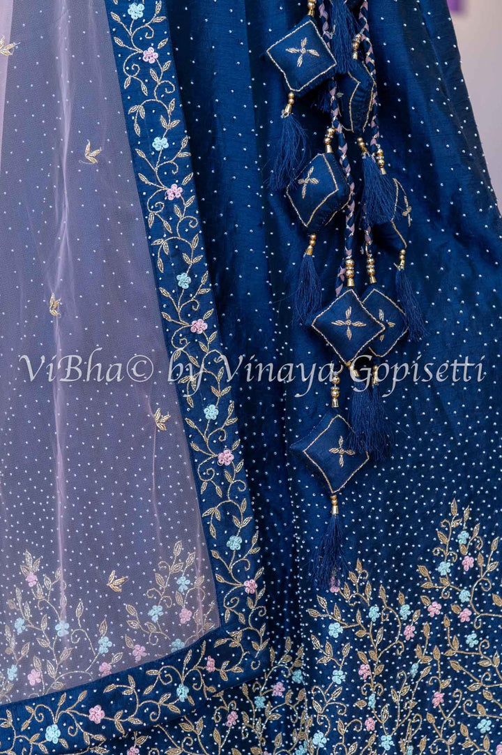 Bridal Lehengas - Navy Blue And Pastel Pink Pearl And Zardosi Embroidery Lehenga Set