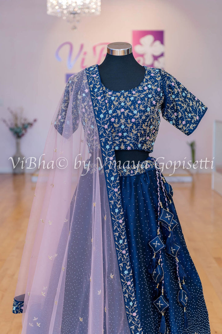 Bridal Lehengas - Navy Blue And Pastel Pink Pearl And Zardosi Embroidery Lehenga Set