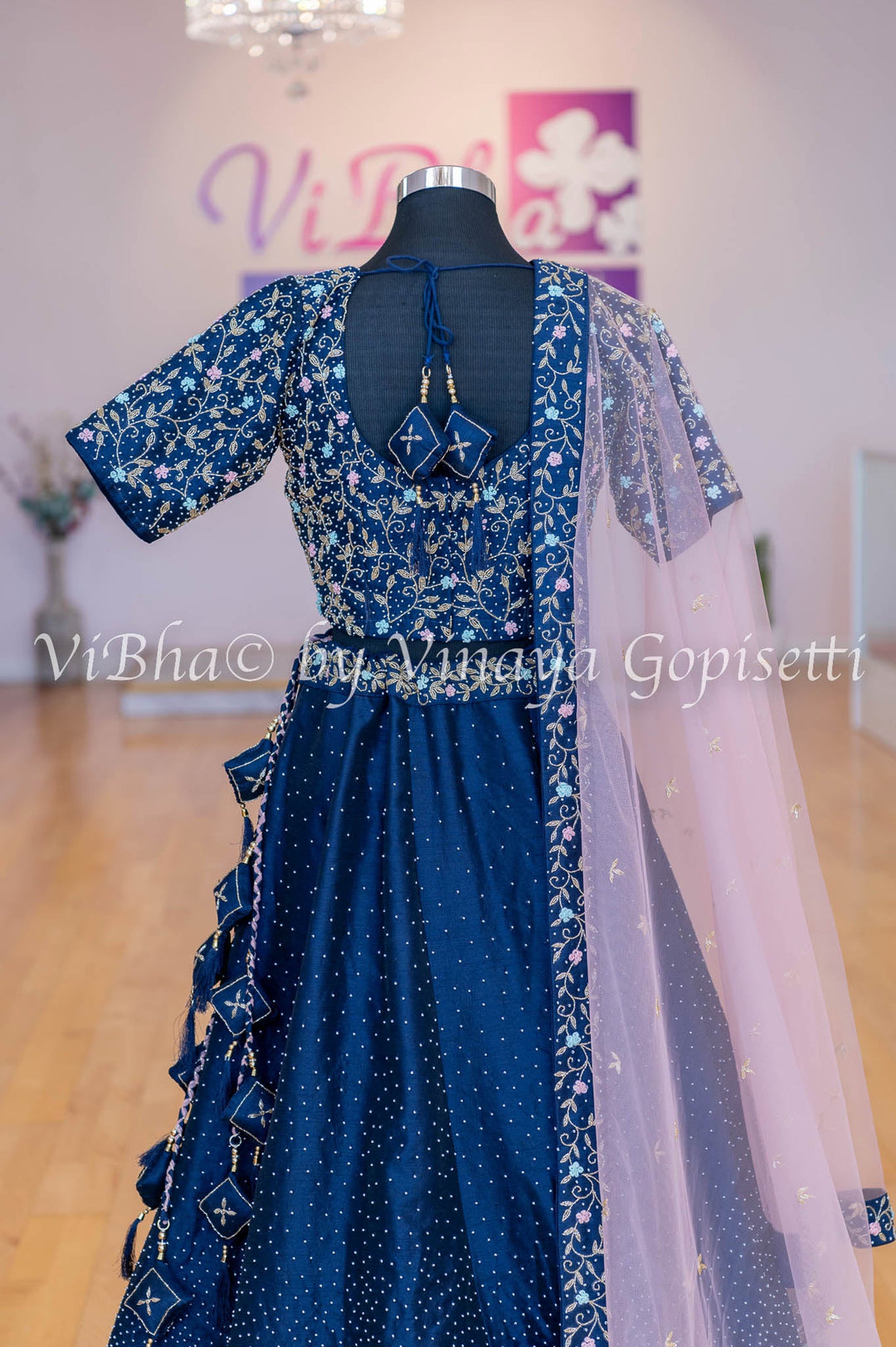 Bridal Lehengas - Navy Blue And Pastel Pink Pearl And Zardosi Embroidery Lehenga Set