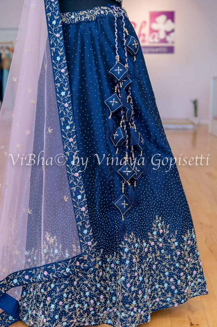 Bridal Lehengas - Navy Blue And Pastel Pink Pearl And Zardosi Embroidery Lehenga Set