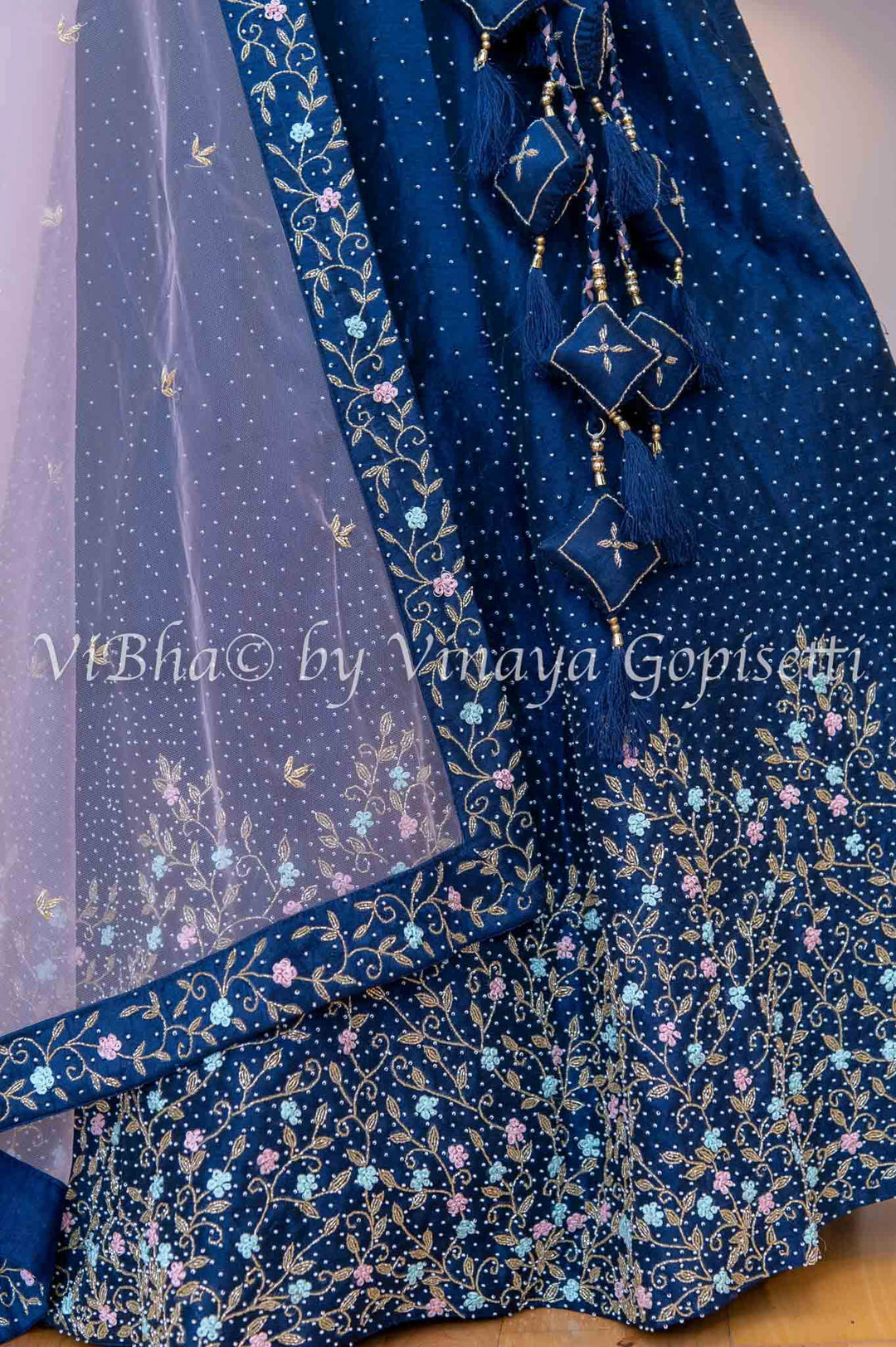 Bridal Lehengas - Navy Blue And Pastel Pink Pearl And Zardosi Embroidery Lehenga Set