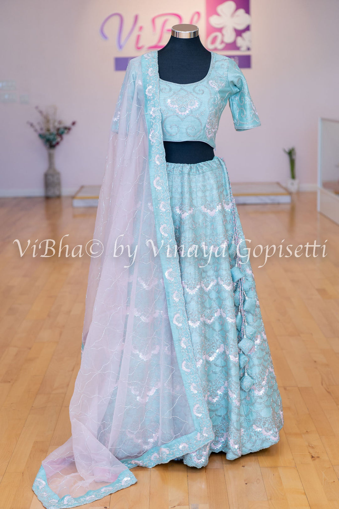 Bridal Lehengas - Pale Aqua And Light Pink Cutdana Embroidered Lehenga Set