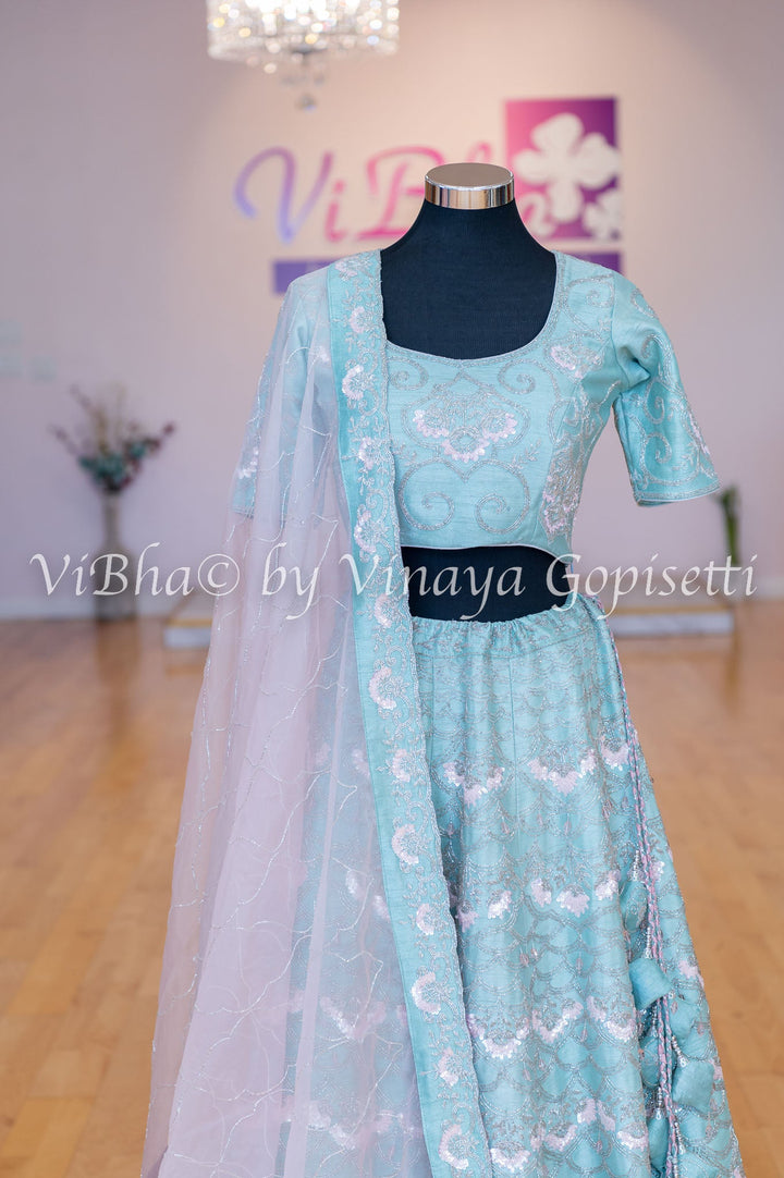 Bridal Lehengas - Pale Aqua And Light Pink Cutdana Embroidered Lehenga Set