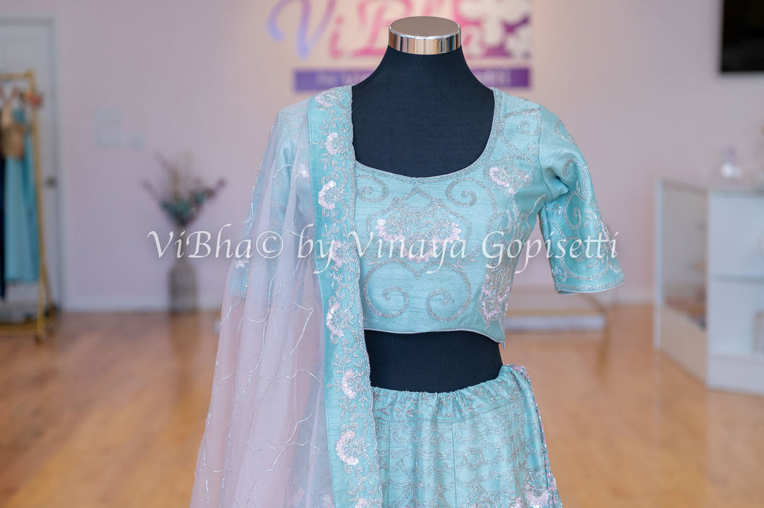 Bridal Lehengas - Pale Aqua And Light Pink Cutdana Embroidered Lehenga Set