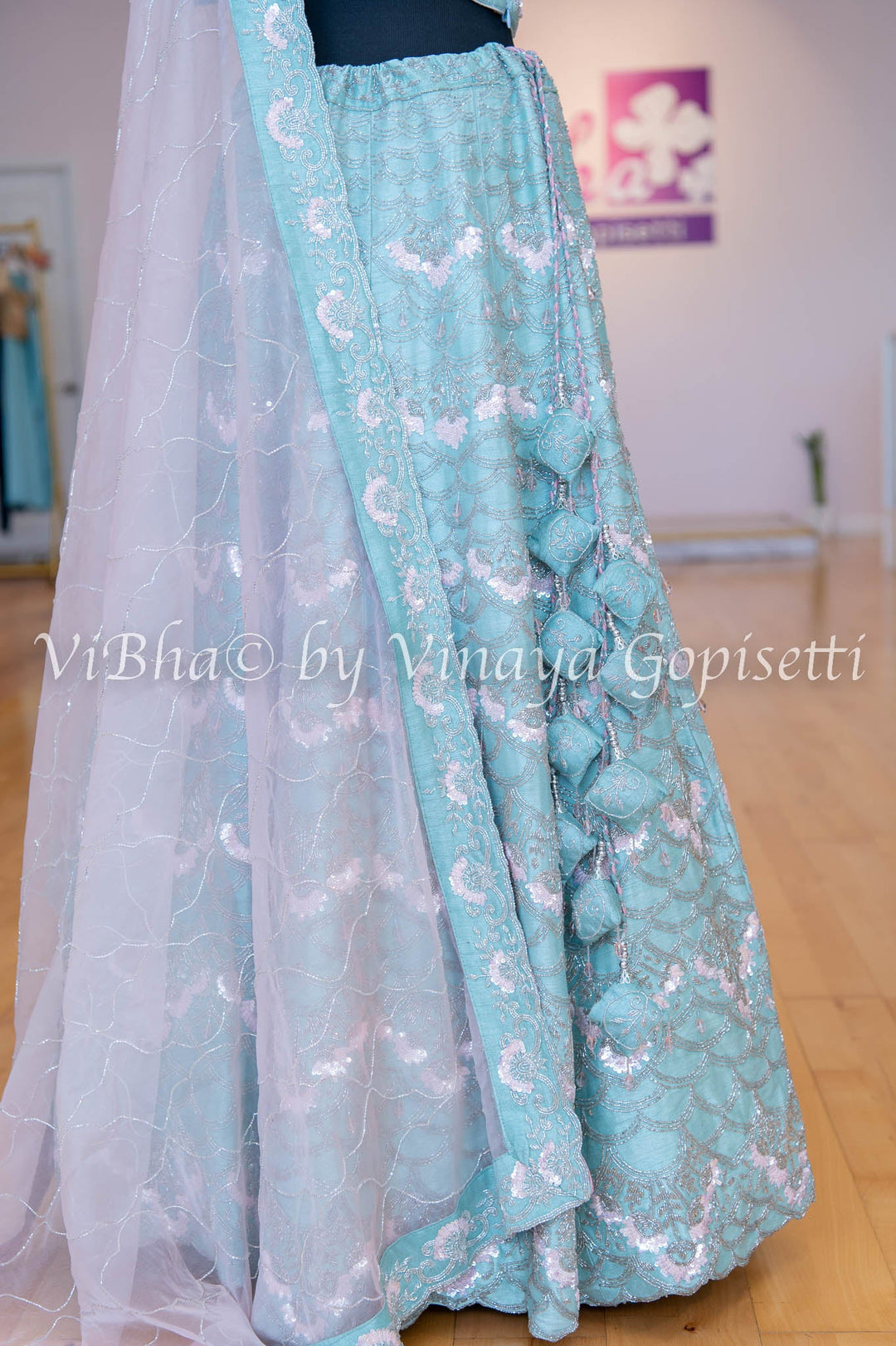 Bridal Lehengas - Pale Aqua And Light Pink Cutdana Embroidered Lehenga Set