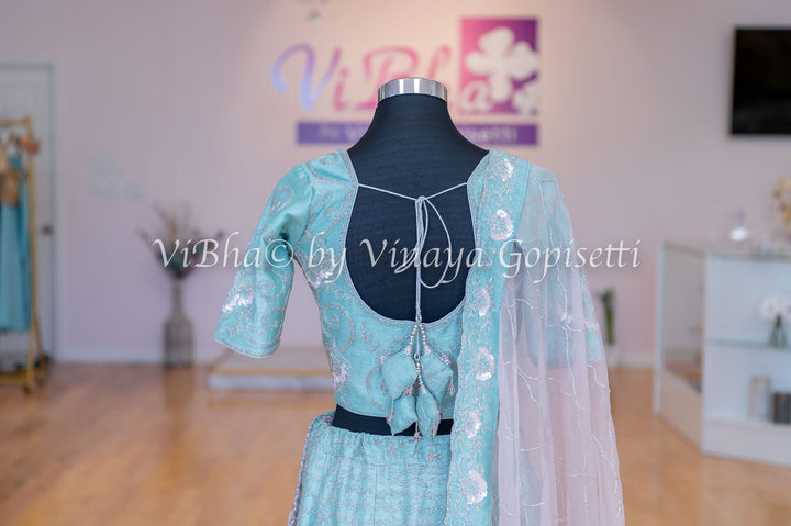 Bridal Lehengas - Pale Aqua And Light Pink Cutdana Embroidered Lehenga Set