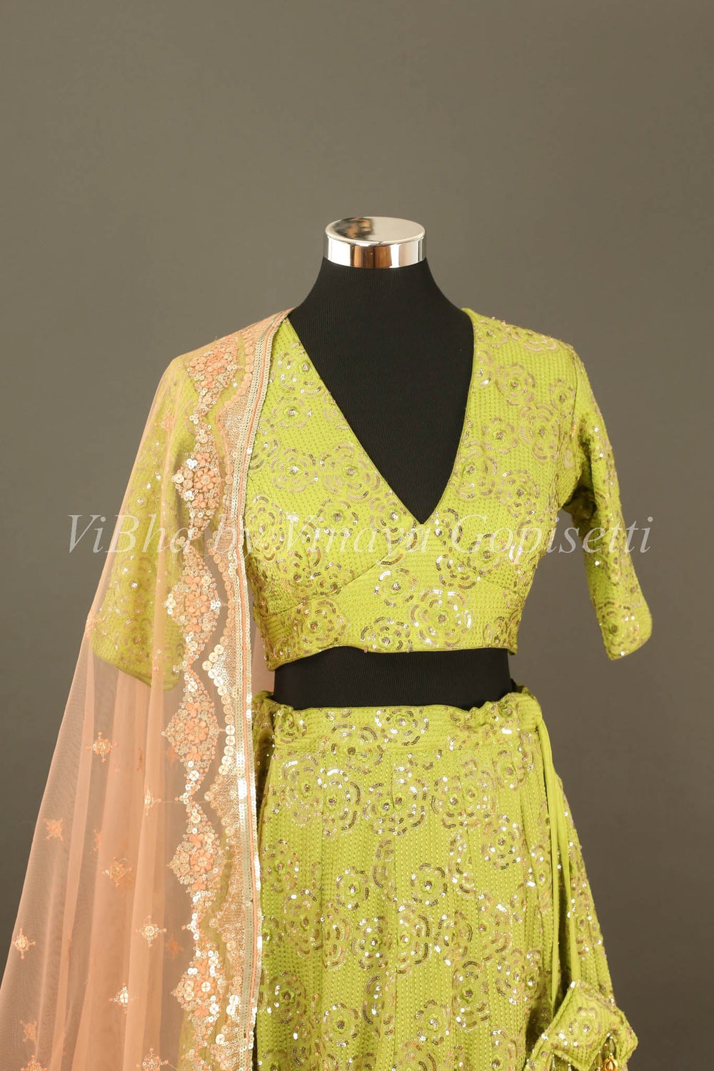 Bridal Lehengas - Pear Green And Peach Sequins Embroidered Lehenga Set