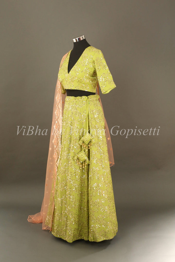 Bridal Lehengas - Pear Green And Peach Sequins Embroidered Lehenga Set