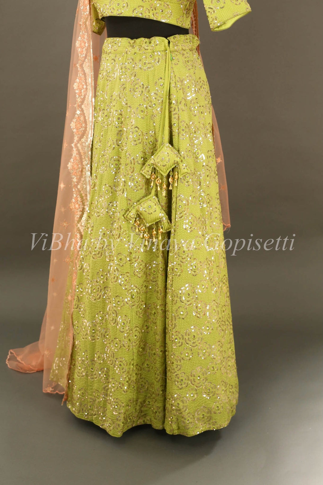 Bridal Lehengas - Pear Green And Peach Sequins Embroidered Lehenga Set