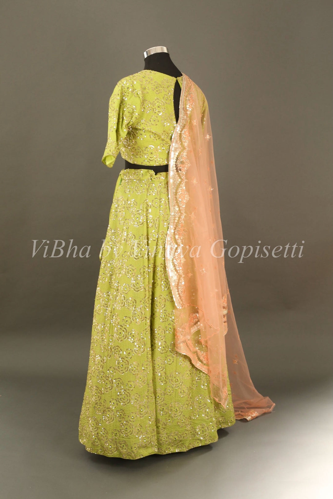 Bridal Lehengas - Pear Green And Peach Sequins Embroidered Lehenga Set