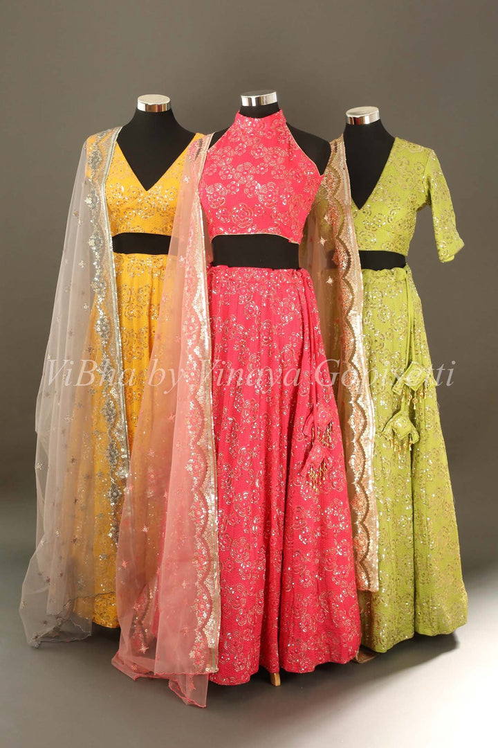 Bridal Lehengas - Pear Green And Peach Sequins Embroidered Lehenga Set