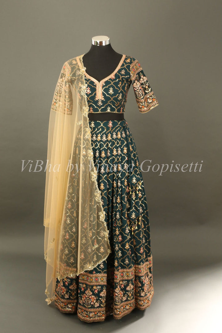 Bridal Lehengas - Pine Green And Gold All Over Embroidered Lehenga Set