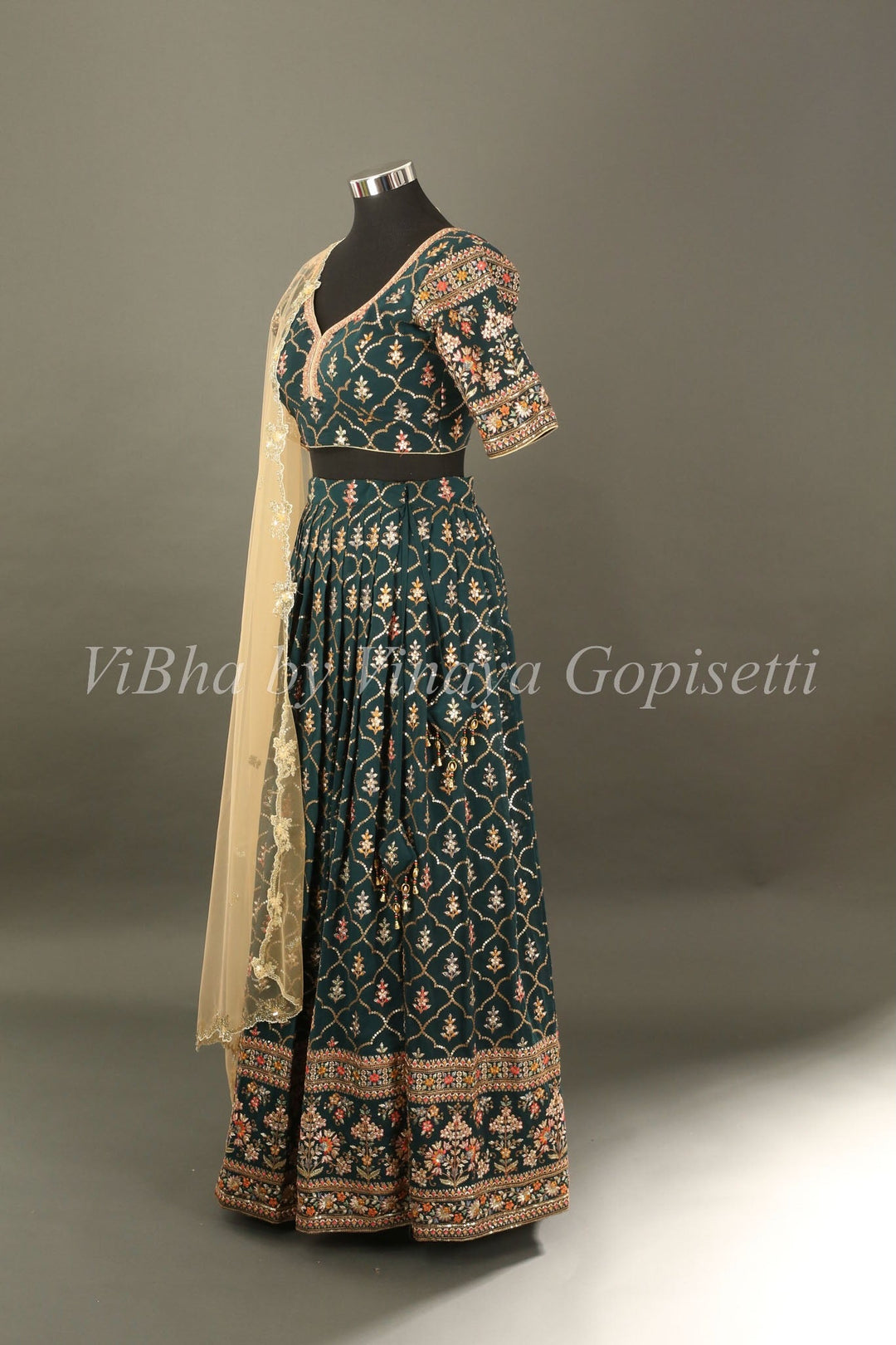 Bridal Lehengas - Pine Green And Gold All Over Embroidered Lehenga Set