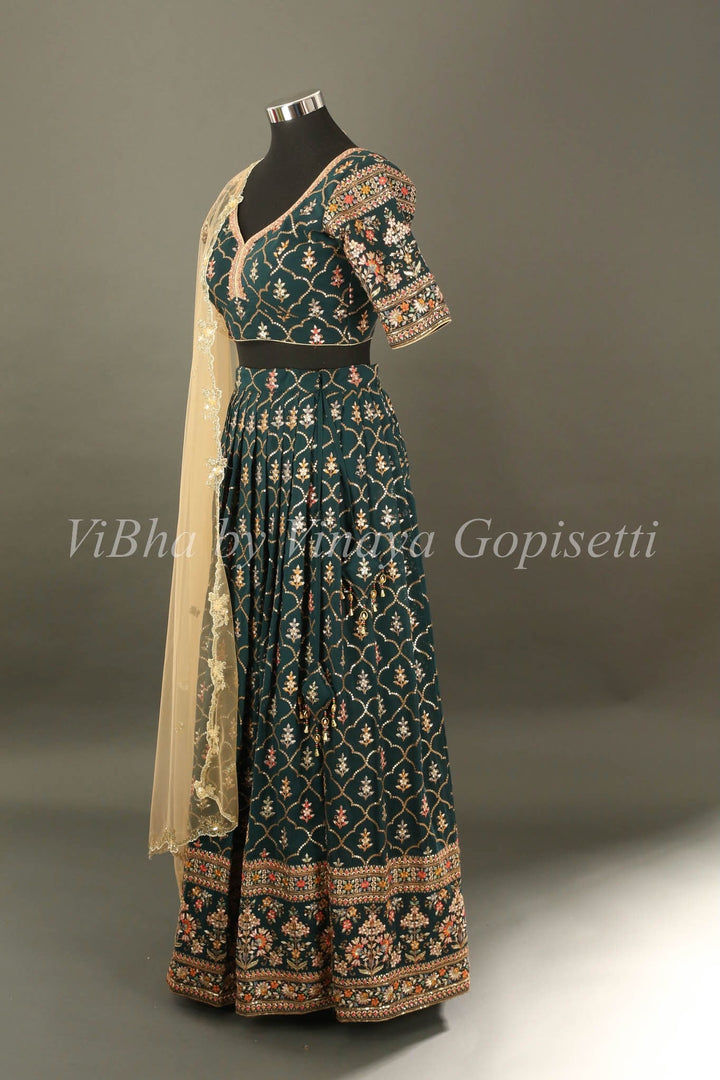 Bridal Lehengas - Pine Green And Gold All Over Embroidered Lehenga Set