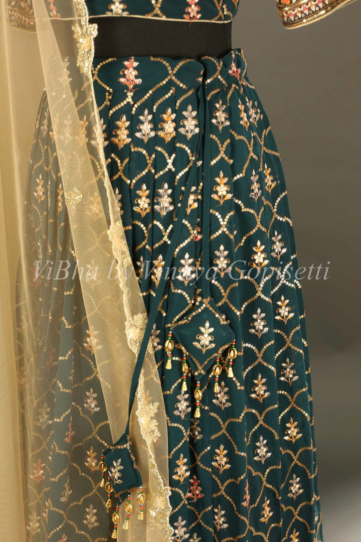 Bridal Lehengas - Pine Green And Gold All Over Embroidered Lehenga Set