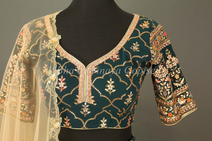 Bridal Lehengas - Pine Green And Gold All Over Embroidered Lehenga Set