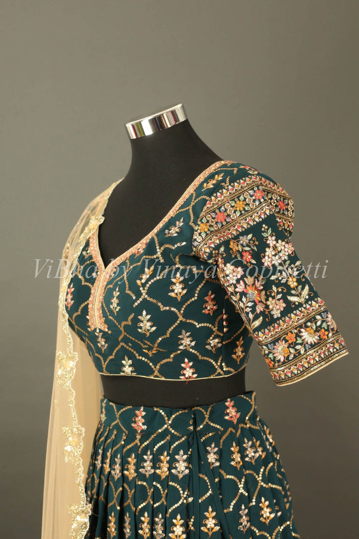 Bridal Lehengas - Pine Green And Gold All Over Embroidered Lehenga Set