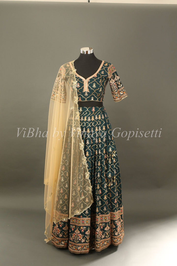 Bridal Lehengas - Pine Green And Gold All Over Embroidered Lehenga Set