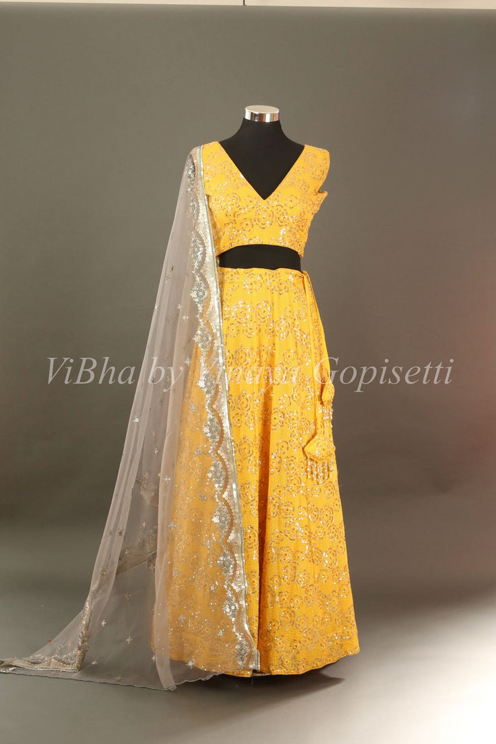 Bridal Lehengas - Yellow And Grey Sequins Embroidered Lehenga Set