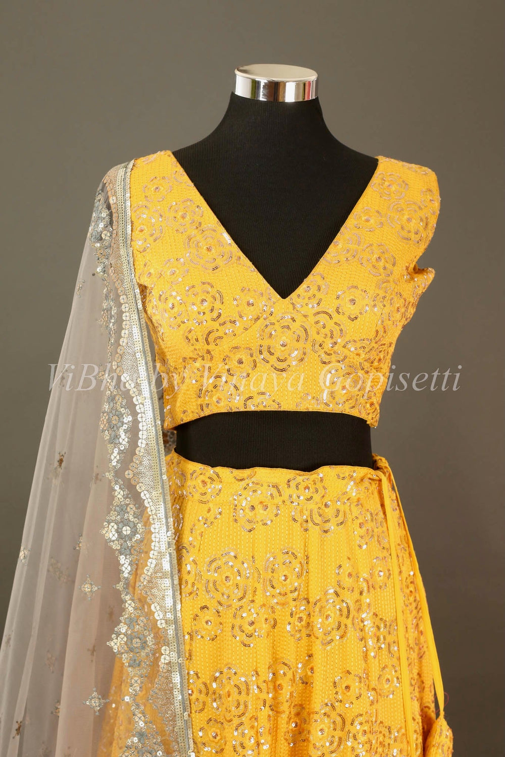 Bridal Lehengas - Yellow And Grey Sequins Embroidered Lehenga Set