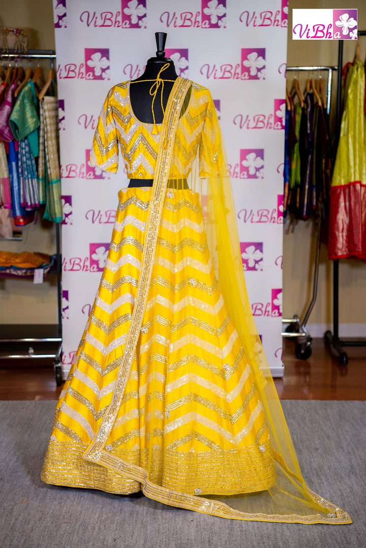 Bridal Lehengas - Yellow Chevron Embroidered Lehenga Set