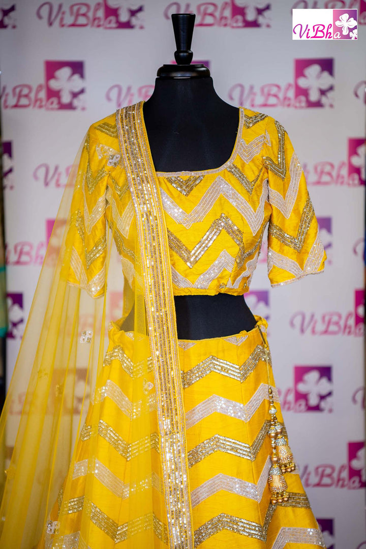 Bridal Lehengas - Yellow Chevron Embroidered Lehenga Set