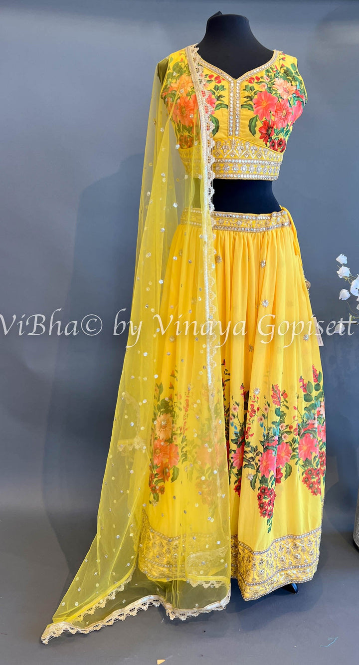 Bridal Lehengas - Yellow Geogette Floral Print Embroidered Lehenga Set