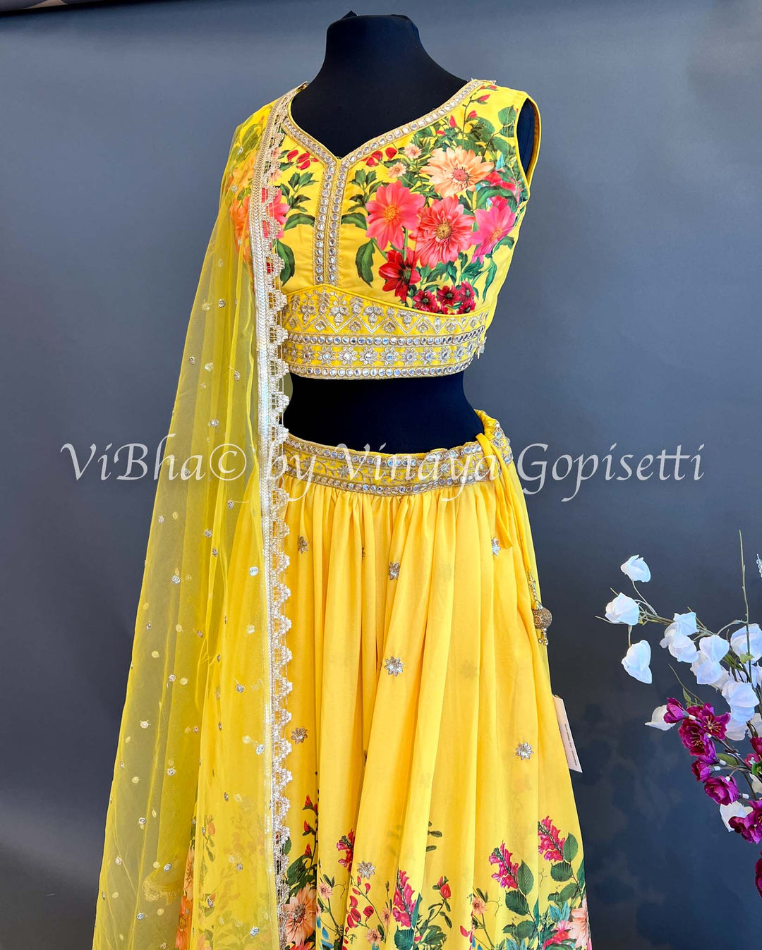 Bridal Lehengas - Yellow Geogette Floral Print Embroidered Lehenga Set