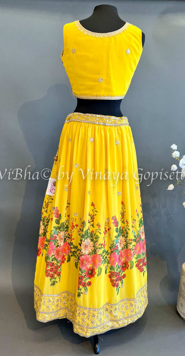 Bridal Lehengas - Yellow Geogette Floral Print Embroidered Lehenga Set