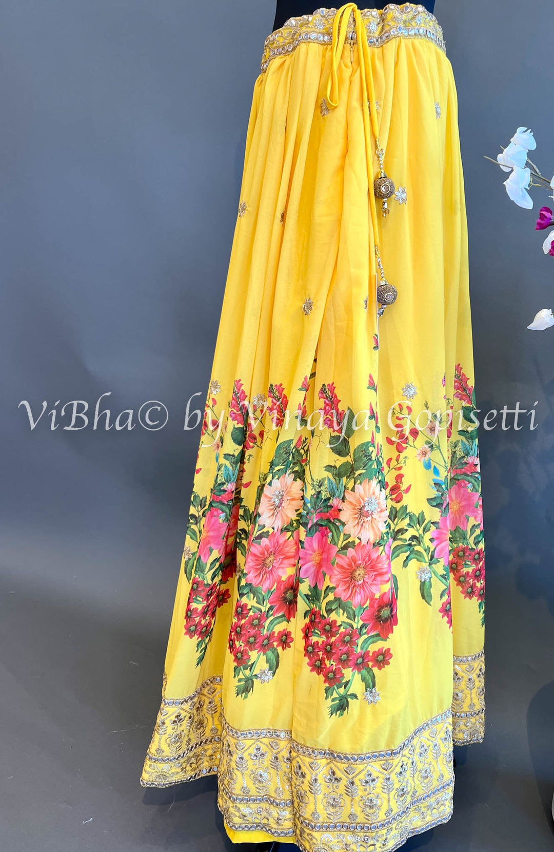 Bridal Lehengas - Yellow Geogette Floral Print Embroidered Lehenga Set