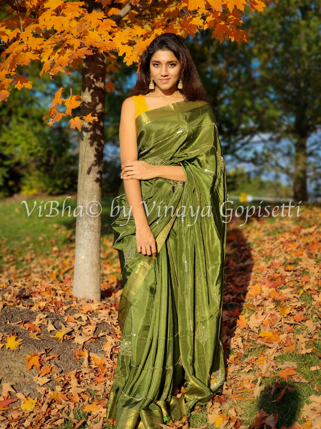 Designer Sarees - Mehendi Green & Mustard Yellow Chinoori Silk Saree