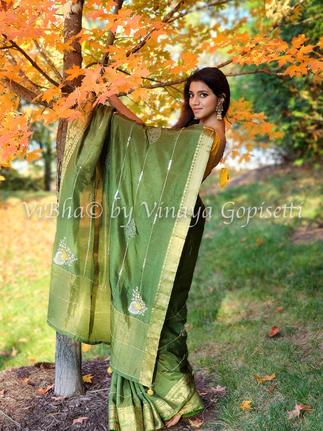 Designer Sarees - Mehendi Green & Mustard Yellow Chinoori Silk Saree