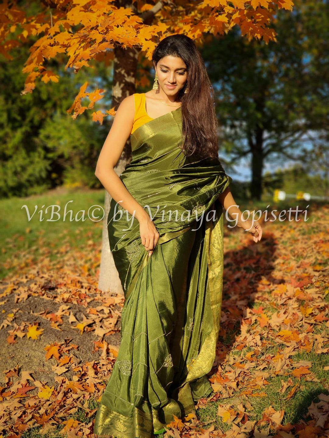 Designer Sarees - Mehendi Green & Mustard Yellow Chinoori Silk Saree