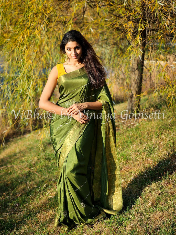 Designer Sarees - Mehendi Green & Mustard Yellow Chinoori Silk Saree