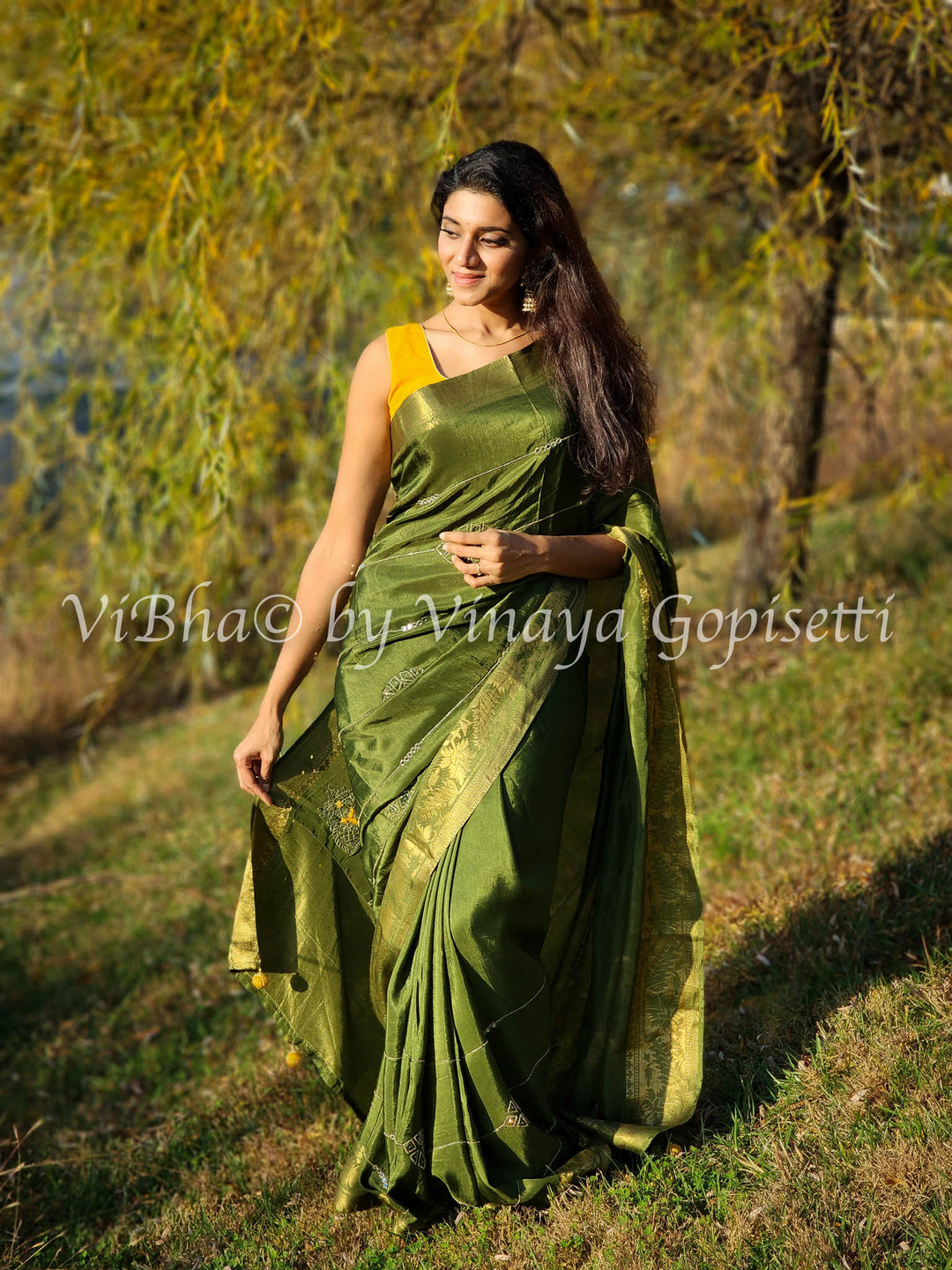 Designer Sarees - Mehendi Green & Mustard Yellow Chinoori Silk Saree