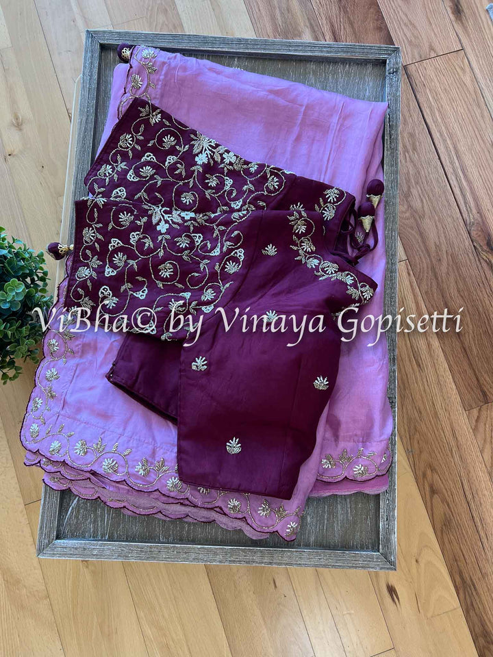 Designer Sarees - Onion Pink And Burgandy Shinori Silk Saree