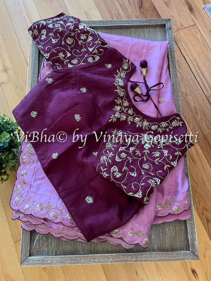 Designer Sarees - Onion Pink And Burgandy Shinori Silk Saree