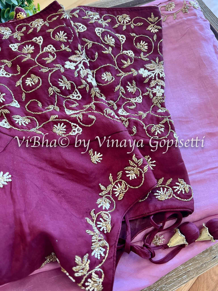 Designer Sarees - Onion Pink And Burgandy Shinori Silk Saree