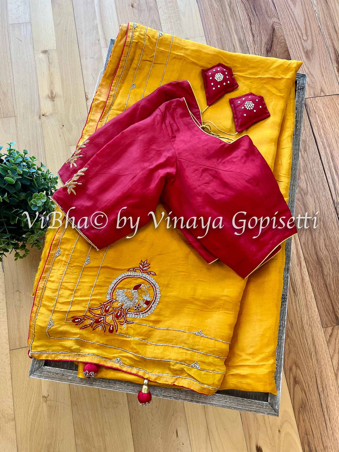 Designer Sarees - Yellowish Orange & Dark Red Shinori Silk Saree