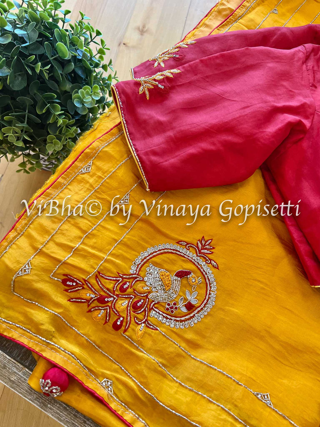 Designer Sarees - Yellowish Orange & Dark Red Shinori Silk Saree