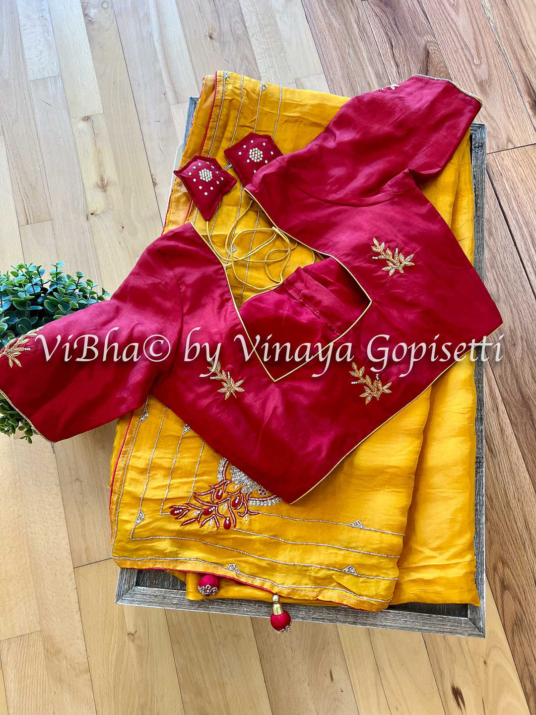 Designer Sarees - Yellowish Orange & Dark Red Shinori Silk Saree