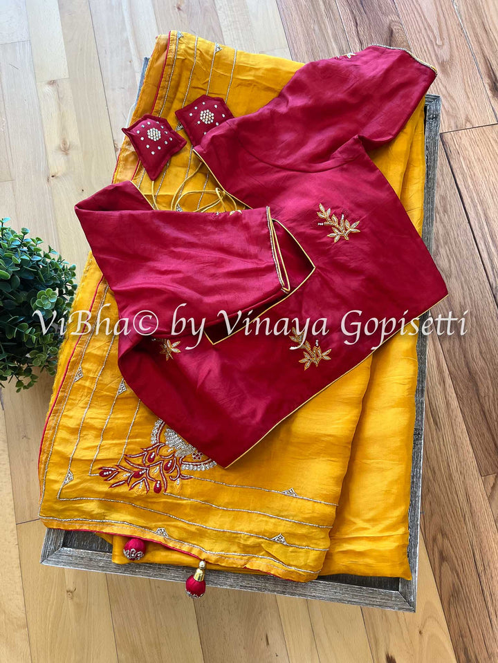 Designer Sarees - Yellowish Orange & Dark Red Shinori Silk Saree