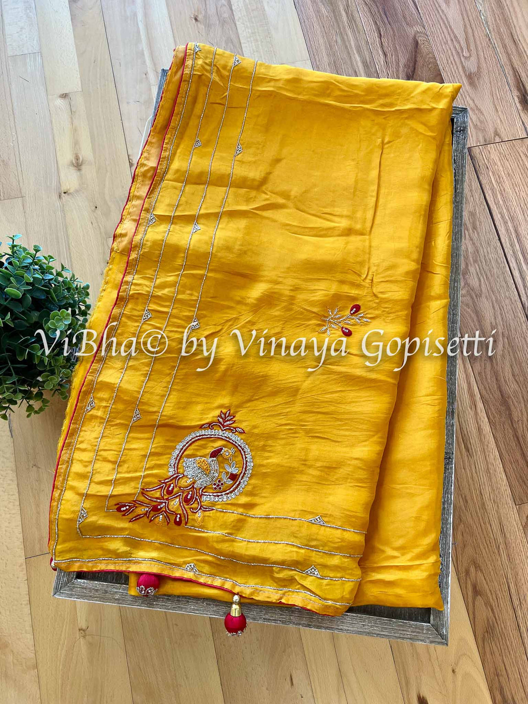 Designer Sarees - Yellowish Orange & Dark Red Shinori Silk Saree