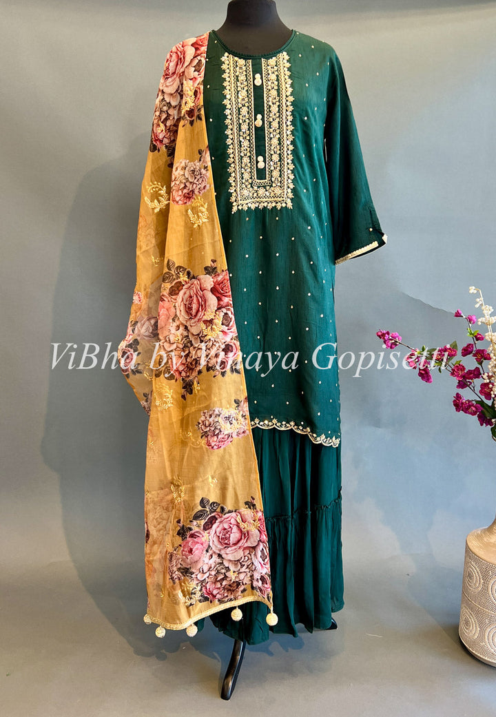 Designer Suits - Bottle Green Embroidered Sharara Set With Floral Dupatta